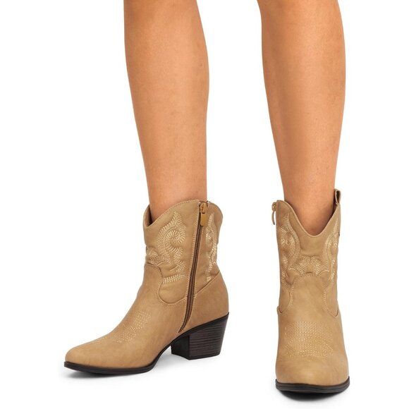 DREAM PAIRS Ankle Boots Women's Tan Leather Fashion Low chunky Heel Round Toe - Picture 6 of 7